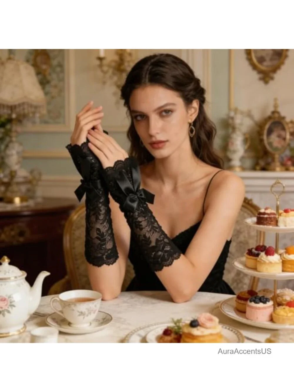 Fingerless Lace Gloves with Bow - Women's Mid Elbow Ruffle Costume Accessory